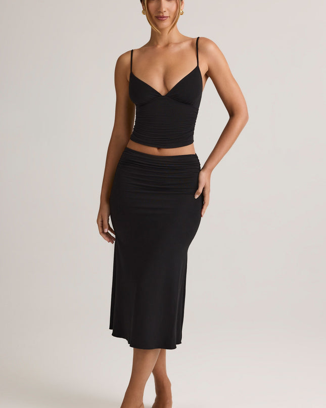 Black Modal Ruched Mid-Rise Midaxi Skirt
