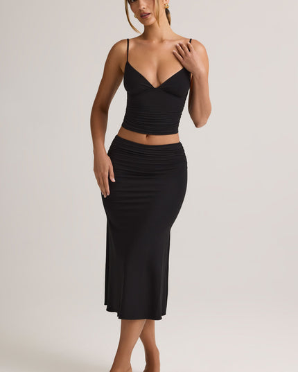Black Modal Ruched Mid-Rise Midaxi Skirt