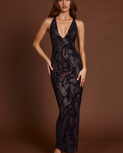 Purple Snake Embellished Halterneck Maxi Dress
