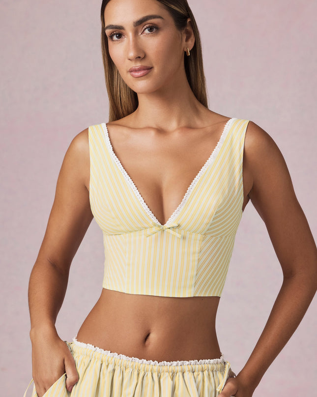Lemon Yellow Stripe Bow-Detail Crop Top