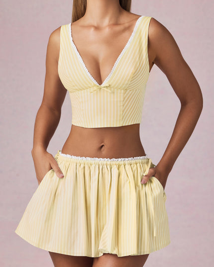 Lemon Yellow Stripe Bow-Detail Crop Top