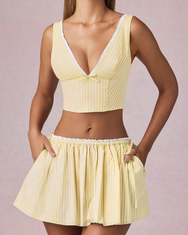 Lemon Yellow Stripe Bow-Detail Crop Top