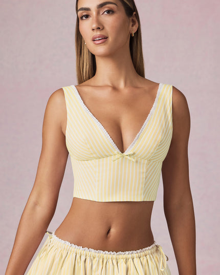 Lemon Yellow Stripe Bow-Detail Crop Top