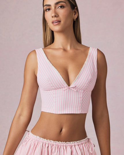 Soft Mauve Stripe Bow-Detail Crop Top