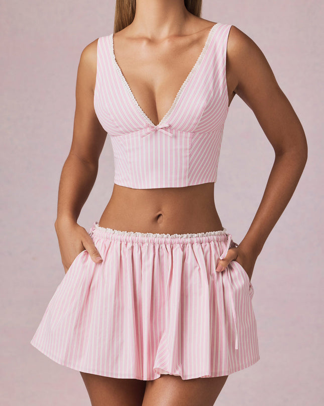 Soft Mauve Stripe Bow-Detail Crop Top
