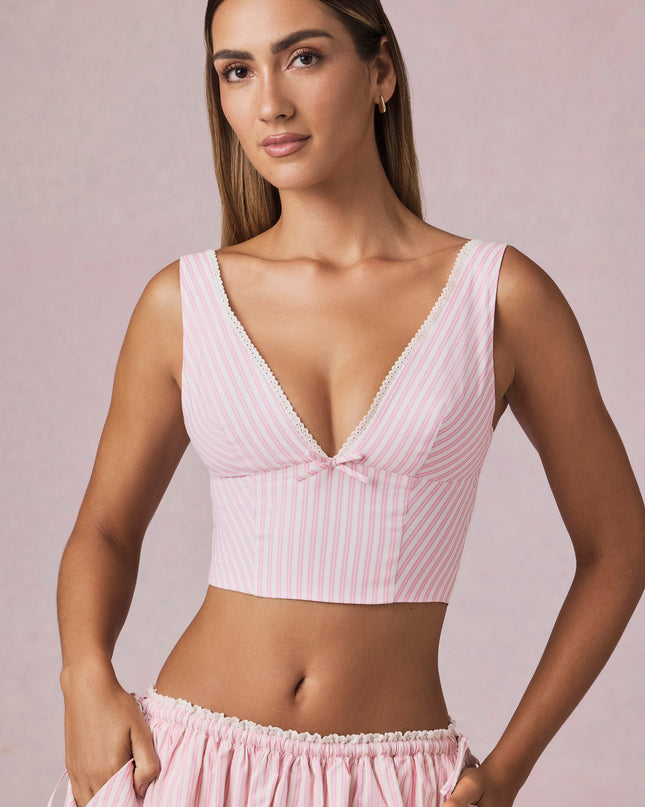 Soft Mauve Stripe Bow-Detail Crop Top