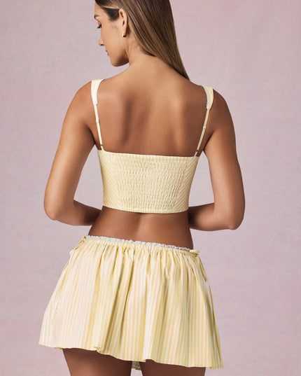 Lemon Yellow Stripe Ruched Drawstring Mini Skirt