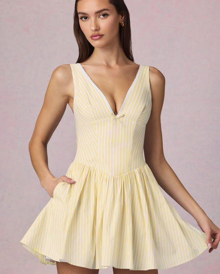 Lemon Yellow Stripe Bow-Detail A-Line Mini Dress