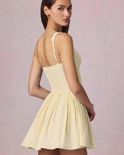Lemon Yellow Stripe Bow-Detail A-Line Mini Dress