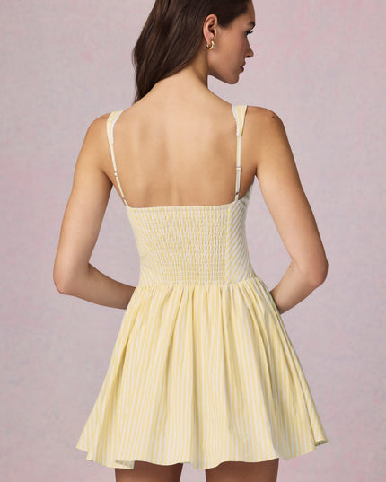 Lemon Yellow Stripe Bow-Detail A-Line Mini Dress