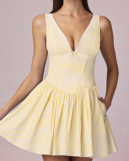 Lemon Yellow Stripe Bow-Detail A-Line Mini Dress