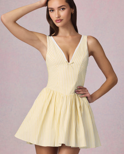 Lemon Yellow Stripe Bow-Detail A-Line Mini Dress