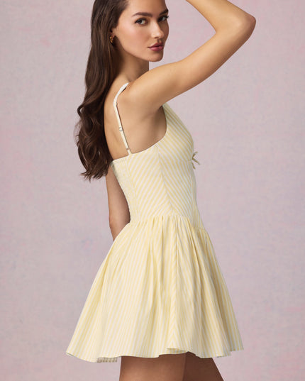 Lemon Yellow Stripe Bow-Detail A-Line Mini Dress