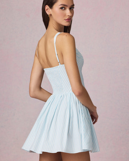Powder Blue Stripe Bow-Detail A-Line Mini Dress