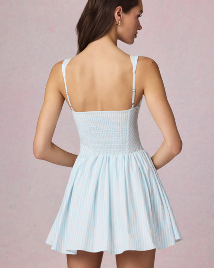 Powder Blue Stripe Bow-Detail A-Line Mini Dress