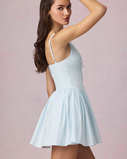 Powder Blue Stripe Bow-Detail A-Line Mini Dress