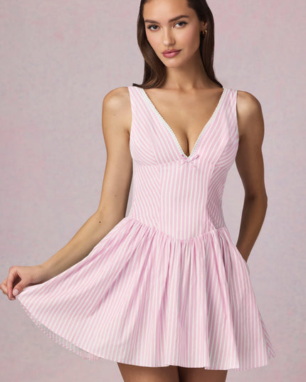 Soft Mauve Stripe Bow-Detail A-Line Mini Dress