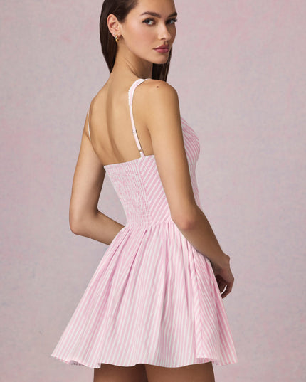 Soft Mauve Stripe Bow-Detail A-Line Mini Dress