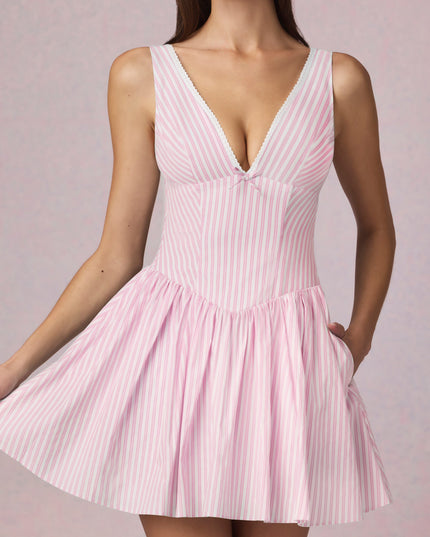 Soft Mauve Stripe Bow-Detail A-Line Mini Dress