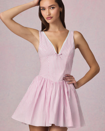 Soft Mauve Stripe Bow-Detail A-Line Mini Dress