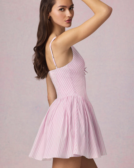 Soft Mauve Stripe Bow-Detail A-Line Mini Dress
