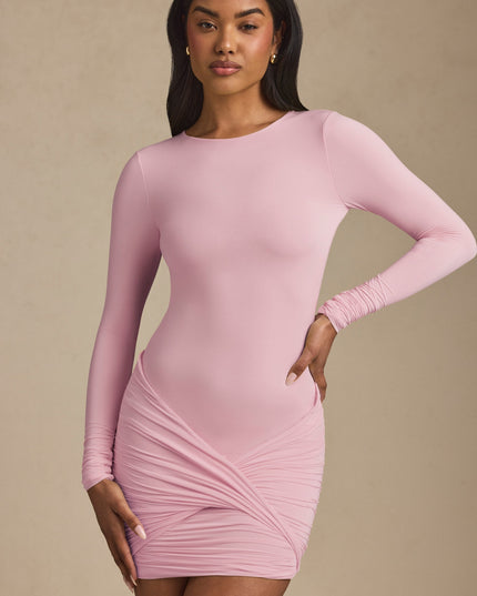 Soft Pink Modal Twist-Front Ruched Backless Mini Dress