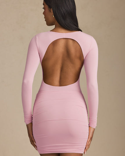 Soft Pink Modal Twist-Front Ruched Backless Mini Dress