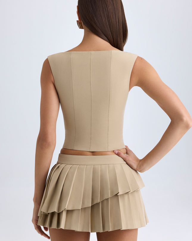 Camel Layered Pleated Low-Rise Mini Skirt
