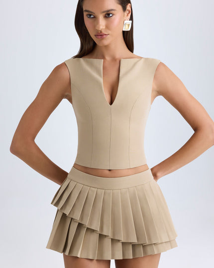 Camel Layered Pleated Low-Rise Mini Skirt