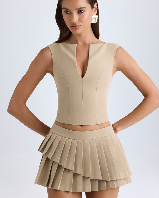 Camel Layered Pleated Low-Rise Mini Skirt