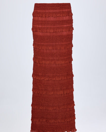 Burnt Red Ruffled Mid-Rise Maxi Skirt