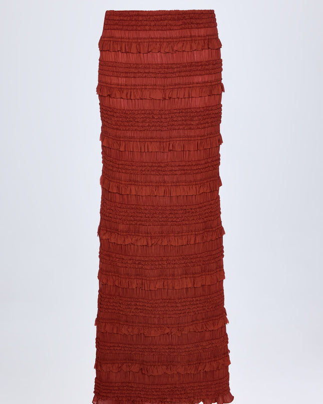 Burnt Red Ruffled Mid-Rise Maxi Skirt