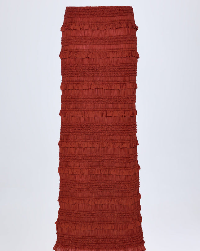 Burnt Red Ruffled Mid-Rise Maxi Skirt