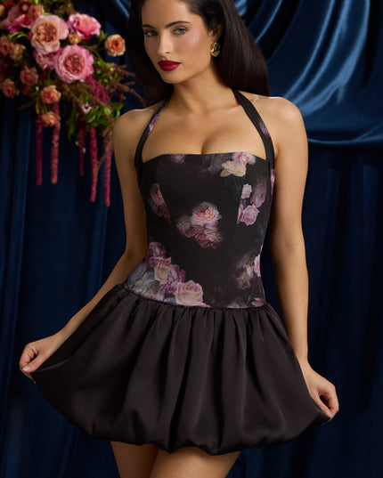 Black Floral Print Halterneck Lace-Up Bubble Hem Mini Dress