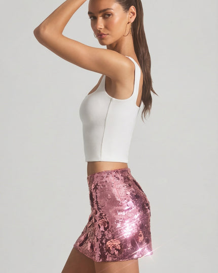 Pink Sequin-Embellished Mini Skirt