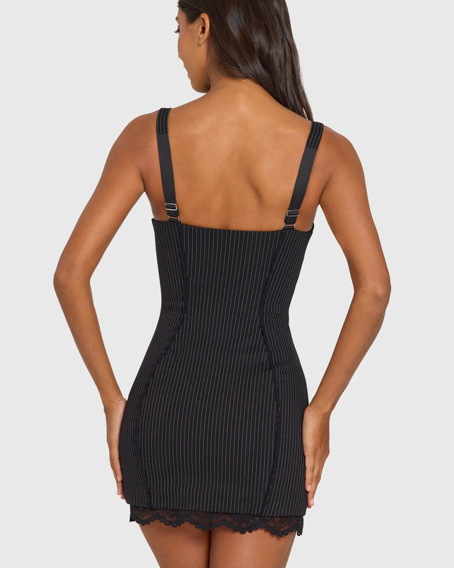 Black Pinstripe Ponte Lace-Trim Peekaboo Mini Dress