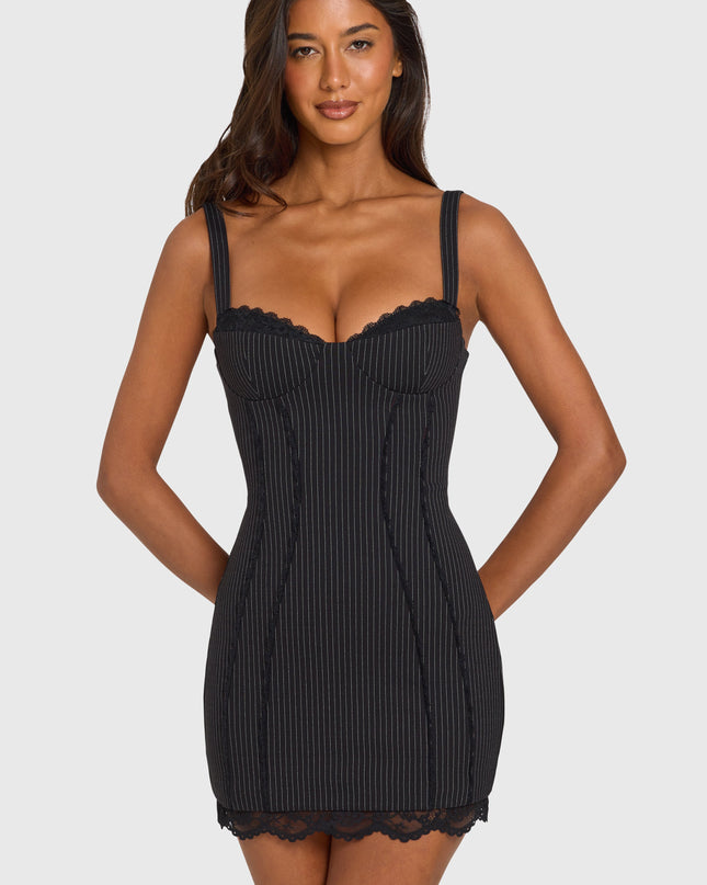 Black Pinstripe Ponte Lace-Trim Peekaboo Mini Dress