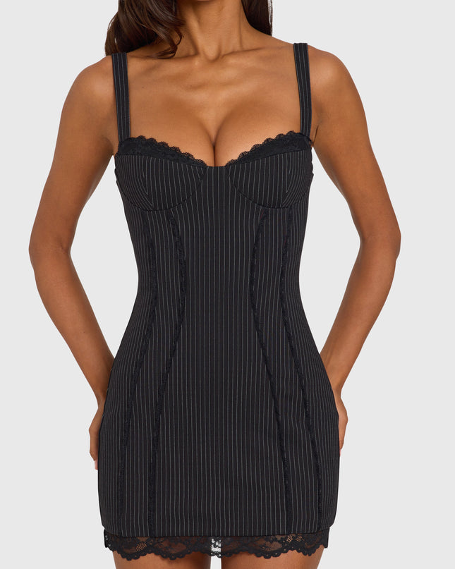 Black Pinstripe Ponte Lace-Trim Peekaboo Mini Dress