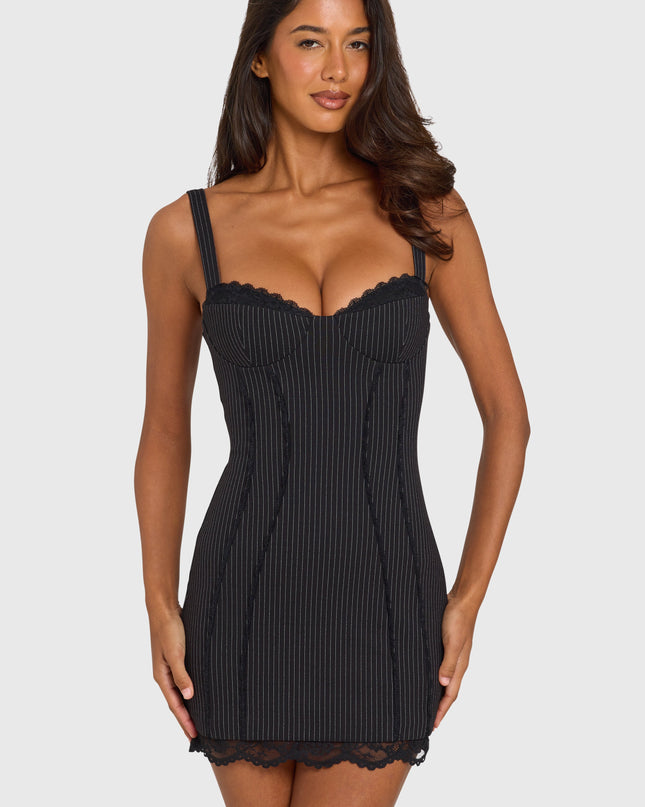 Black Pinstripe Ponte Lace-Trim Peekaboo Mini Dress