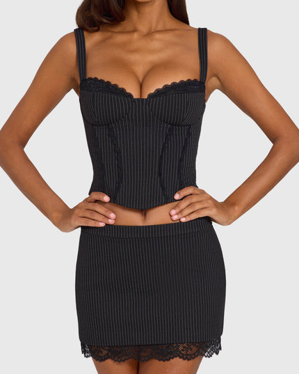 Black Pinstripe Ponte Lace-Trim Mini Skirt