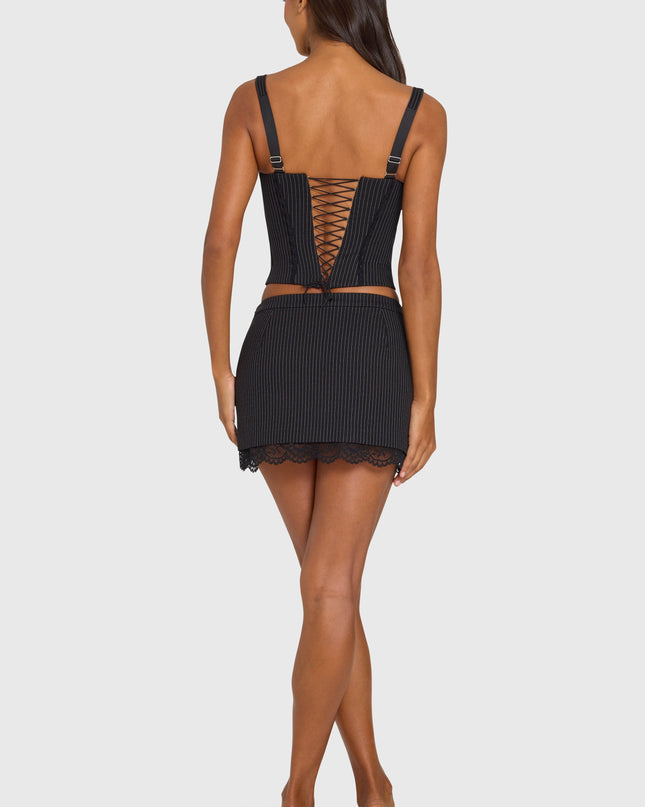 Black Pinstripe Ponte Lace-Trim Mini Skirt