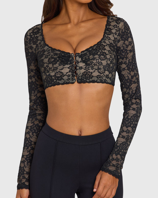 Black Lace Long-Sleeve Crop Top