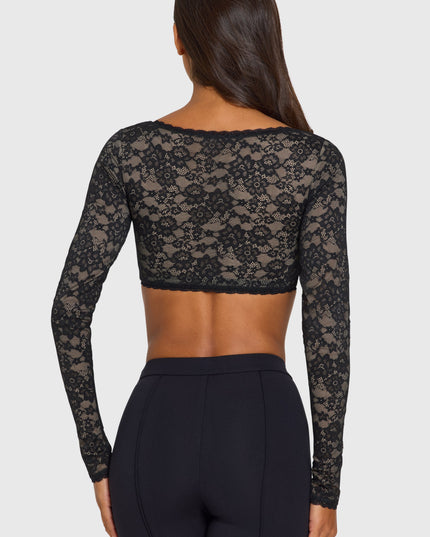 Black Lace Long-Sleeve Crop Top