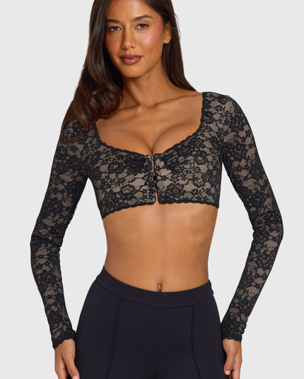 Black Lace Long-Sleeve Crop Top
