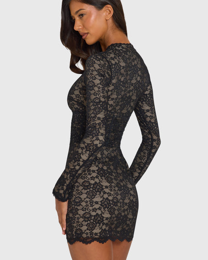 Black Lace Cut-Out Long-Sleeve Mini Dress