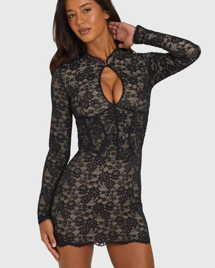 Black Lace Cut-Out Long-Sleeve Mini Dress