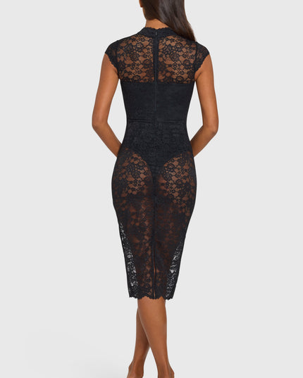 Black Lace Cut-Out Sheer Midi Dress