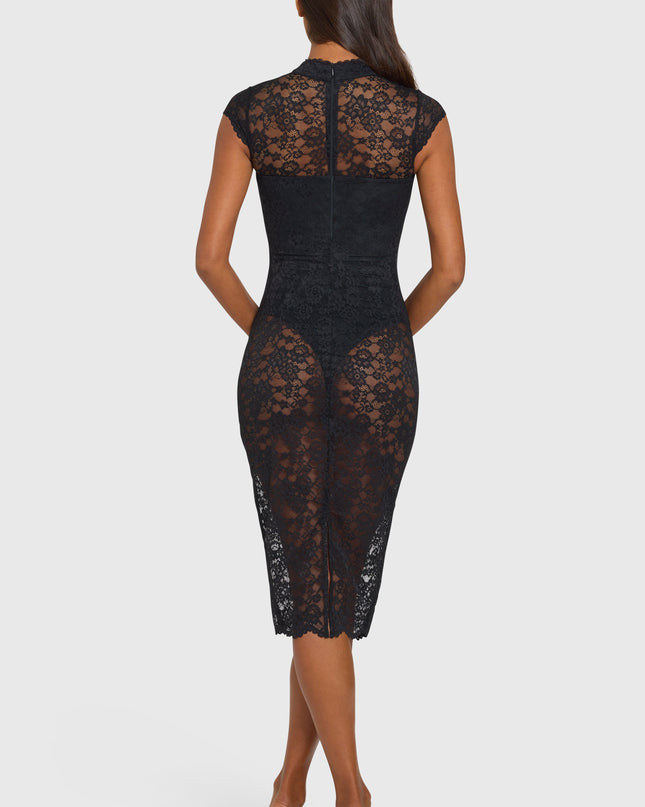 Black Lace Cut-Out Sheer Midi Dress