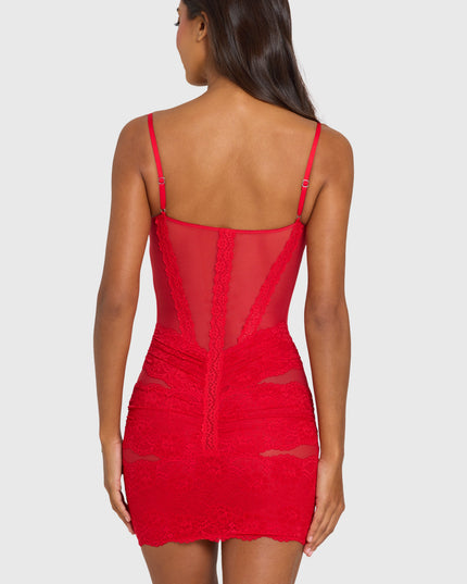 Cherry Red Placed Lace-Trim Mini Dress