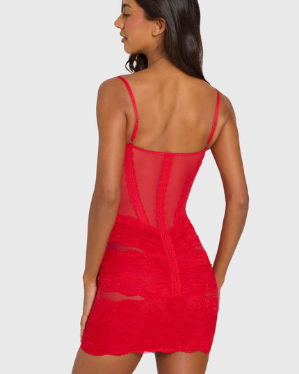 Cherry Red Placed Lace-Trim Mini Dress